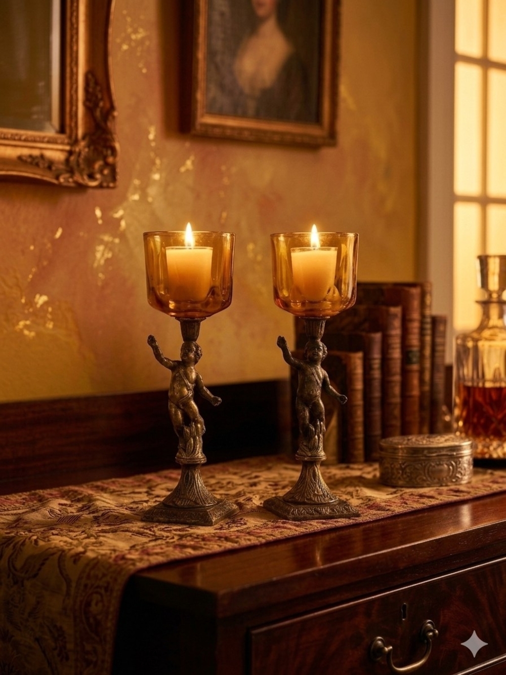 Amber Glass Cherub Candle Holders Home Accents